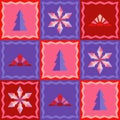 ÃÂ¡hristmas seamless pattern in patchwork style. Fir trees, snowflakes, rising sun